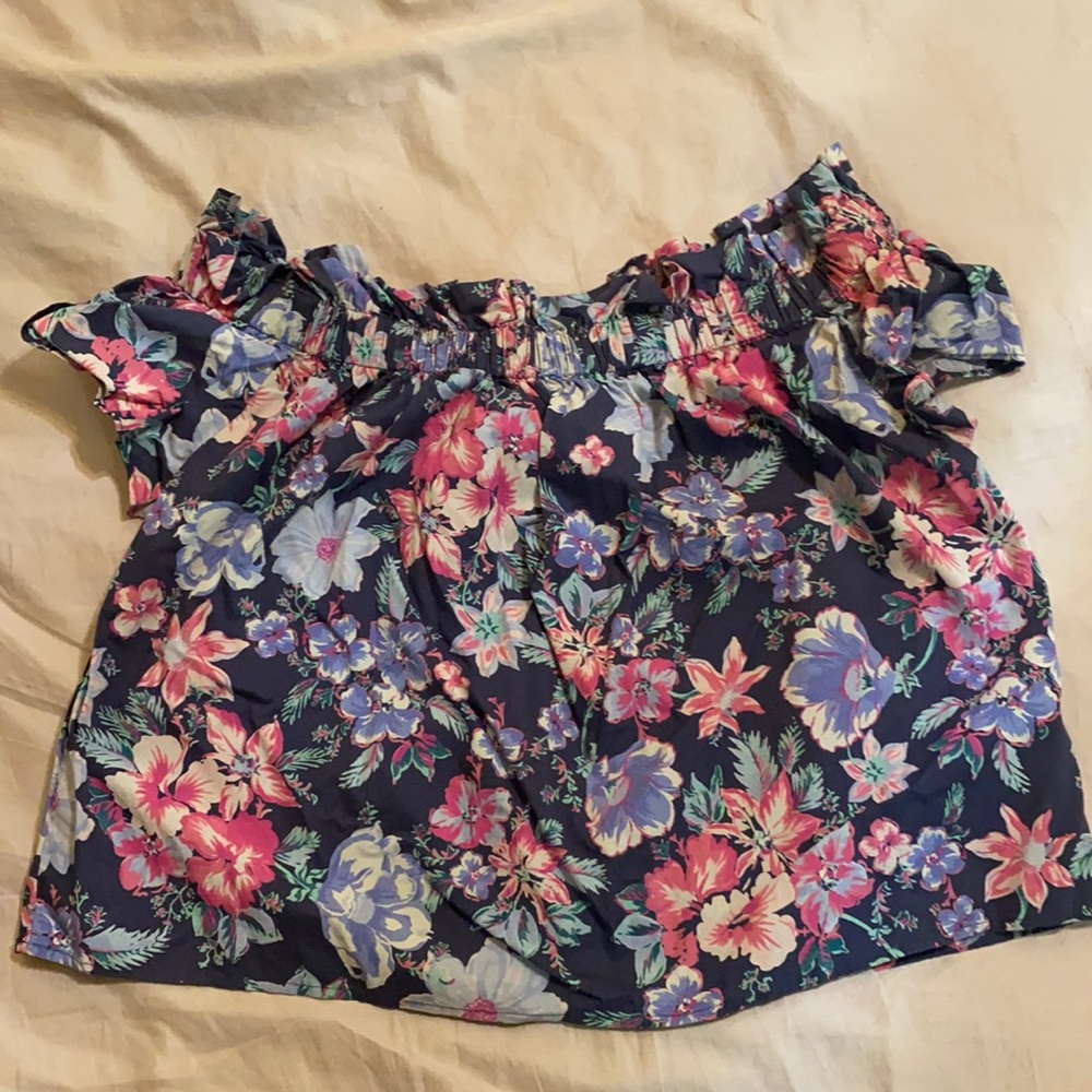 GAP Off-Shoulder Navy Floral Blouse with Pink & Blue Flowers